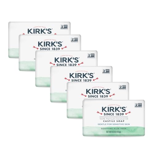 Kirk's Castile Bar Soap for Men, Women & Children - Made with Premium Coconut Oil, Sensitive Skin Formula, Vegan, Non GMO, Aloe Vera, 4 oz. Bars 6 Pack