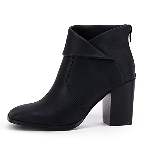 LAICIGO Women's Square Toe Ankle Boots High Chunky Stacked Heel Slip On Criss Cross Zipper Booties2
