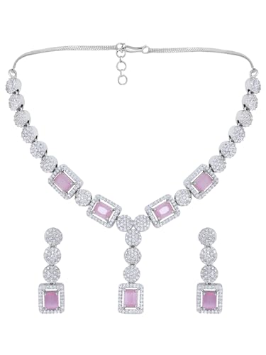Image of ASMITTA Jewellery Rhodium-Plated Square American Diamonds Studded Pendulous Necklace with Earrings Jewellery Set for Girls Womens