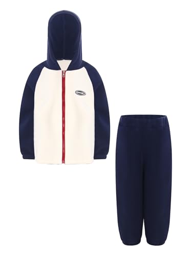 Eandarui Chándal deportivo de forro polar para niños con capucha, manga larga, patchwork, sudadera con capucha, pantalones cálidos, ropa de invierno, beige, 98-104