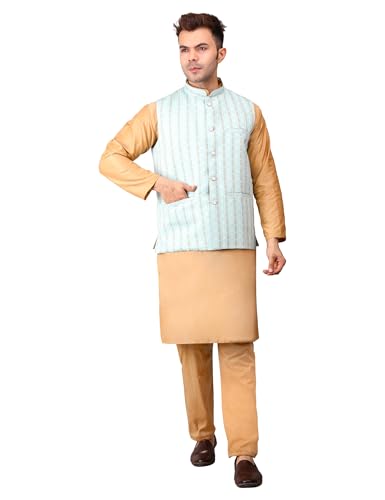 Image of Men's Cotton Silk Blend Regular Kurta Pyjama, Embroidered Nehru Jacket /Waistcoat Set