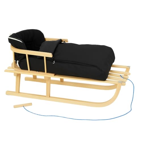 Holzschlitten Kinderschlitten Rodelschlitten Schlitten Klassischer aus Buchenholz mit Rückenlehne mit Winterfußsack aus Holz 90cm | 10 Farben (Schwarz)