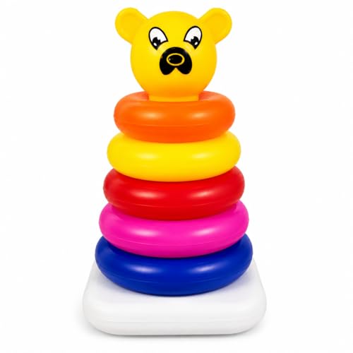 Image of Pyramid Ring Stacking Toy for Babies with Bear Topper | Colorful Rainbow Rings | Educational Learning Toy for Kids 1-3 Years | Includes 1 Stacking Base, Rings, 1 Bear Topper (Multicolor, 5 Ring)