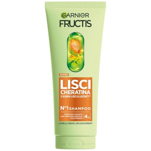 Garnier Fructis Shampoo, Per Capelli Lisci e Lucenti a Lungo, Effetto Anti-Crespo, Trattamento Lisciante alla Cheratina Vegetale e Olio di Argan, Lisci Cheratina, 200 ml