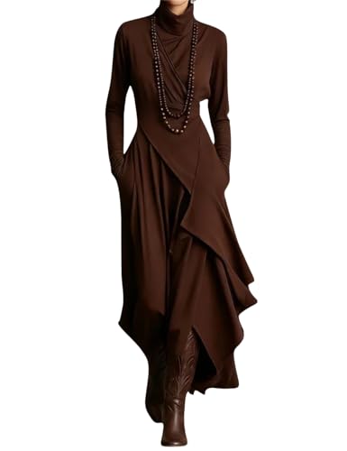 Geeylly Women's Elegant High-Neck Asymmetrical Draped Maxi Dress Brown
