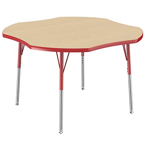 Image of FDP Clover Activity School and Office Table (48 x 48 inch), Standard Legs with Swivel Glides for Collaborative Seating Environments, Adjustable Height 19-30 inches - Maple Top and Red Edge