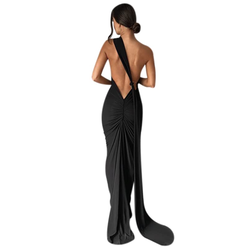 Women's Sexy One Shoulder Backless Maxi Dress Elegant Ruched O Ring Sleeveless Evening Dress Long Gown Cocktail Dress2
