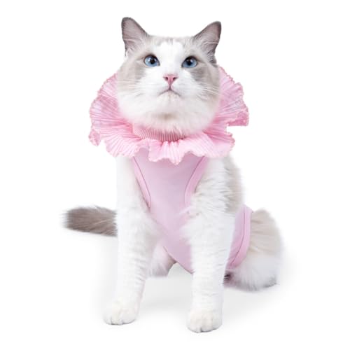 術後服 猫 エリザベス 猫用 術後回復服 透気性 防舐め 介護ウェア ブルー ピンク S M L 胸囲 背丈 体重目安 (M,ライトブルー)