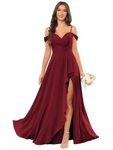 SOLODISH Off The Shoulder Bridesmaid Dresses Long A Line Ruffle Chiffon Formal Evening Gown