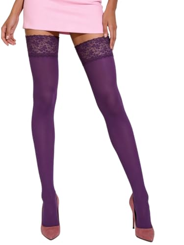 Image of Mila Marutti Opaque Thigh High Stockings for Women | 100 Denier Lace Top Stockings | Warm Solid Color Pantyhose Tights