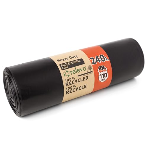 Relevo Bolsas Negras Profesionales para Contenedor – 240L (Ancho 120 cm × Alto 140 cm), 10 Bolsas por Rollo | Extra Fuertes y Antigoteo | 55 µm (Micras) | 100% LDPE Reciclado