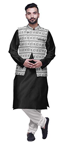Atasi Indian Mens Kurta Churidar Pajama Jacket Set Solid Ethnic Wear for Men Black