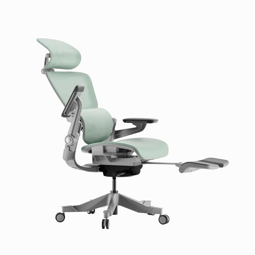 Ergonomic Office Chair with Foot Rest - Comfy Home Office Desk Computer Chair, Comfortable Mesh Seat with Adjustable Back Support, Swivel Wheels, Flip-up Arms, for Work Gaming Study (Green, Standard)