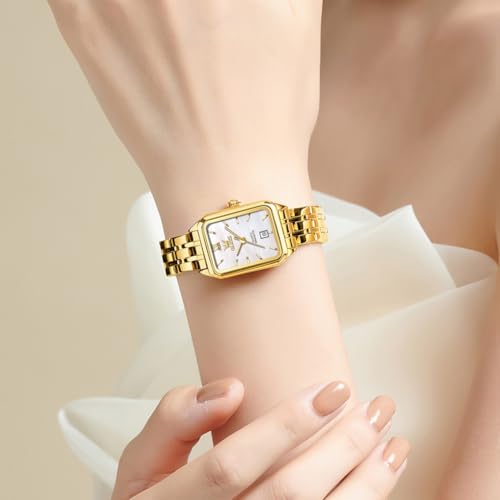 Image of OLEVS Watches for Women Gold Dress Analog Quartz Square Female Watch Stainless Steel Waterproof Calender Stylish Watch for Ladies