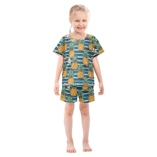 ALAZA Pineapples Flower Stripe Pajama Set Short Sleeve Sleepwear Soft Lounge Nightwear3