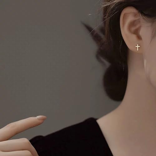 14K Gold Plated Small Cross Stud, Hypoallergenic Pave CZ Tiny Earrings for women2