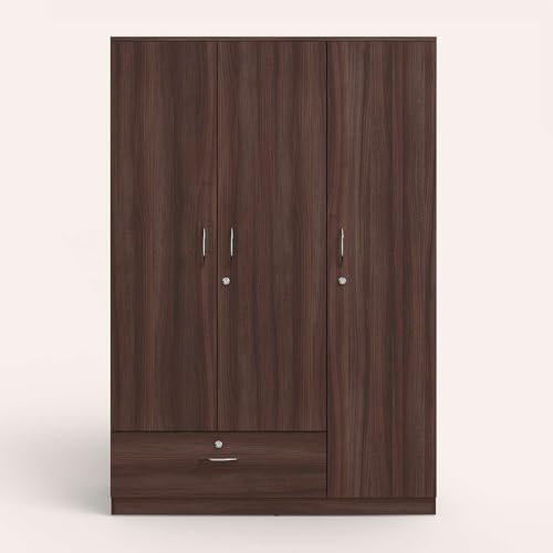 Image of Interio by Godrej Wardrobe EWA 3-Door Engineered Wood Wardrobe for Clothes (Brown), 1-Year Warranty, 5 Shelves, 1 Drawer