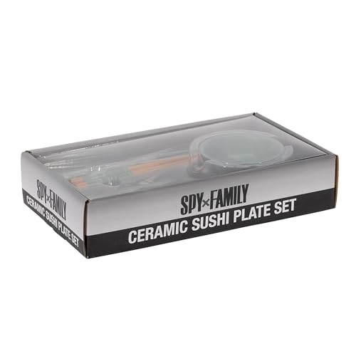 Image of Silver Buffalo Spy X Family Japanese Anime Featuring Anya Forger, Loid (Twilight), and Yor (Thorn Princess) Ceramic Sushi Set with Dipping Sauce Dish and Matching Chopsticks