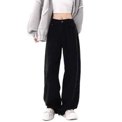 Jean droit baggy noir pour femmes de style coréen à taille haute