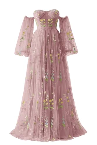 Robe de soirée en tulle longue et broderie florale rose poudré pour un bal chic
