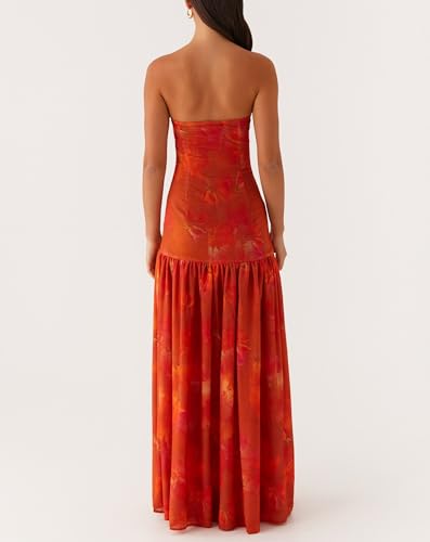Image of Women Floral Strapless Maxi Dress Y2K Bodycon Tube Long Dresses Sexy Party Formal Cocktail Beach Slit Dress