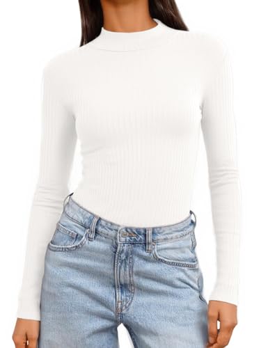 Jar of Love Women's Long Sleeve Shirts for Women Mock Turtle Neck Ribbed Slim Fit Fall Winter Thermal Underwear Tops,M,White