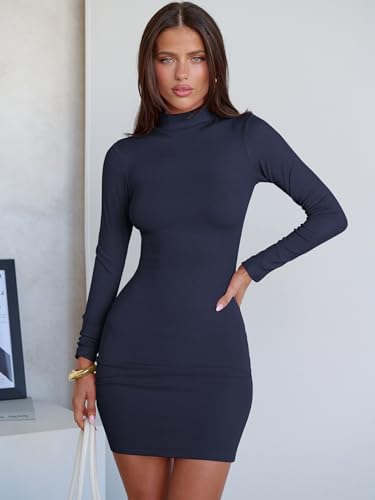 Image of ANRABESS Women Long Sleeve Mock Neck Bodycon Mini Dress 2026 Fall Ribbed Slim Fit Pencil Cocktail Club Night Dresses
