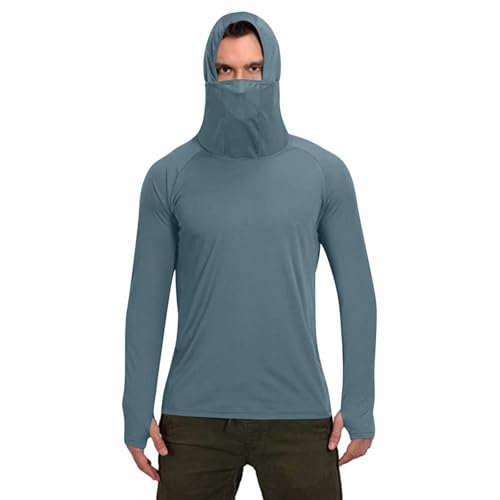 Men's Long Sleeve Rash Guard Shirts with Thumb Hole Outdoor Fishing Sun Protection UPF 50+ UV Hoodie with Mask