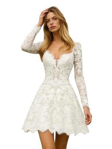 V Neck Short Wedding Dresses for Bride 2026 Simple Lace Church Bridal Gown with Long Sleeves Corset A Line Homecoming Cocktail Evening Dress Size 8 K White