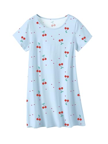 QZH.DUAO Girls Nightgowns Softness Summer Nightdress Cotton Sleepshirts Breathable Sleepwear, Blue & Cherry, 11-12 Years = Tag 160