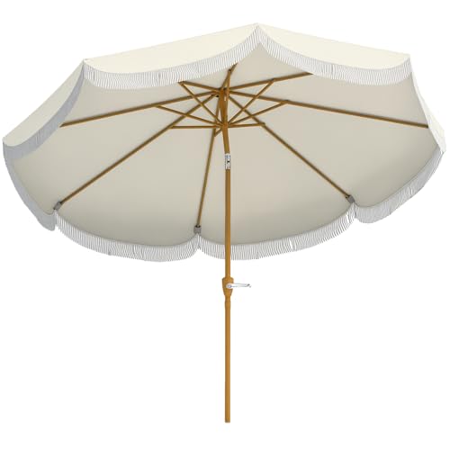 Outsunny Parasol de jardin extérieur parasol inclinable rond droit Ø2,7 x 2,4 m avec ouverture fermeture manivelle, franges, toile 180 g/m² protection UPF...