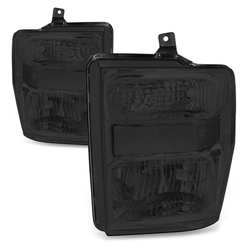 Auto Dynasty Headlights Assembly Compatible with 2008 2009 2010 Ford F250 F350 F450 F550 Super Duty 2nd Gen, Driver and Passenger Side Halogen Headlamps Replacement, Smoked Lens Clear Corner