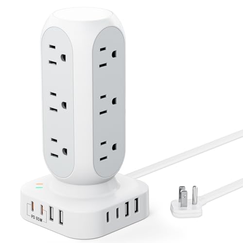 TenTrend - Estación de carga rápida de 65 W, torre de regleta de alimentación de enchufe plano con 12 salidas de CA y 8 puertos USB (2 puertos PD USB-C), cable de extensión de 10 pies, compatible con