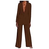 2 Piece Pant Suits for Women Loose Long Blazer Jackets and Dressy Wide Leg Pant Suits Casual Office Work Outfits Coffee