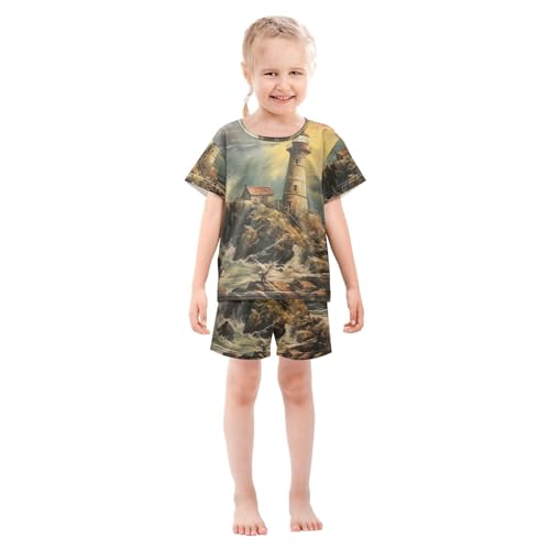 ALAZA Nautical Lighthouse and Ocean Waves Pajama Set Short Sleeve Sleepwear Soft Lounge Nightwear3