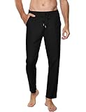 Sykooria Pantalones Deportivos de Mezcla de Lino y Algodón para Hombre con Bolsillos Pantalones Casuales Ligeros y Transpirables para Yoga, Fiesta, Playa y Caminar-Negro-XL