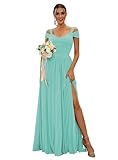 BEAUTFOR Women's Chiffon Off The Shoulder Turquoise Long Bridesmaid Dresses with Slit V Neck A Line Pleats Formal Party Dress Long for Women 16