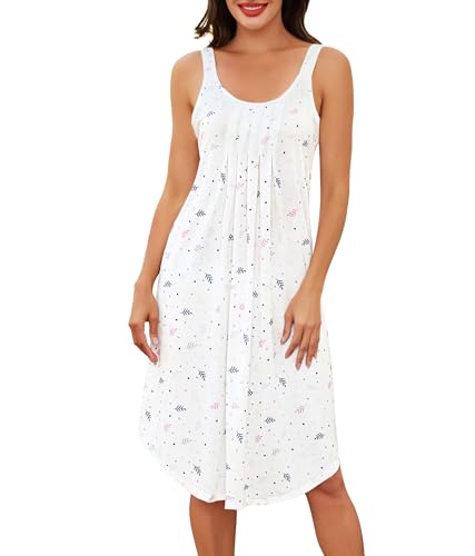 Lovasy Cotton Nighties for Women Long Pleated Nightdresses for Women UK Sleeveless Ladies Nighty Soft Night Dress Nightshirts Nightwear Leaf Blue L