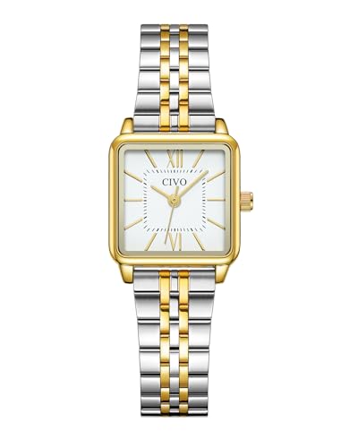 CIVO Montre Femme Acier Inoxydable: Argent Doré Carrée Petit Analogique Quartz - Etanche Montre Élégant Cadeau pour Femmes et Filles