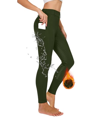 Leggings de equitación de invierno para mujer, con ribete completo, térmicos, forrados, impermeables, con trabillas para el cinturón para teléfono móvil, verde, L