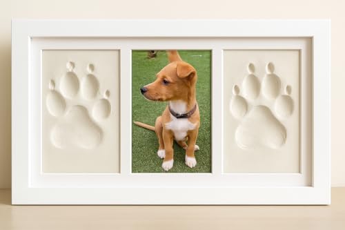 BUDYX. Marco para Huellas de Mascota (Perro, Gato) con Foto. Kit de Impresión de Arcilla Blanca. Caja Regalo con paspartus de Colores.Recuerdo Personalizado para Perros y Gatos.