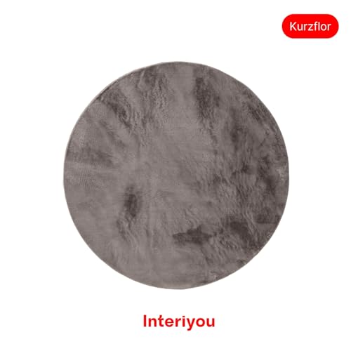 Interiyou Fargo - Teppich Wohnzimmer 80x80 cm Rund Grau - Kurzflor Waschbar und rutschfest - Flauschiger Fellteppich aus Kunstfell - weicher Langflor Fell