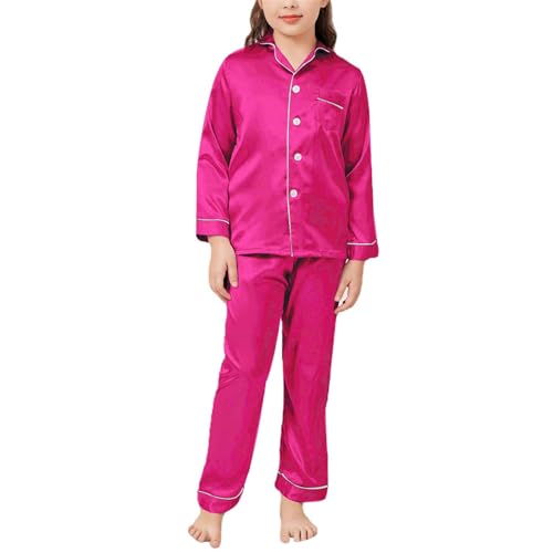 Girls Boys Silk 𝐏𝐣𝐬 Kids Button Down 𝐏ajamas Long Sleeve Lapel 2 Piece Plain Satin Outfits Matching 𝐒leepwear2