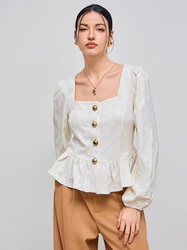 CIDER Long Sleeve Shirts for Women Floral Button Ruffle Hem Blouse Square Neck Elegant Blouse Casual Top2