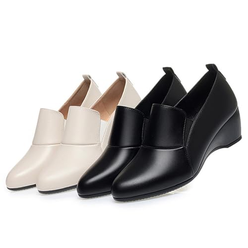Image of Women's Leather Wedge Round Toe Dressy Shoes Comfortable Soft Leather Platform Slip On Casual Loafers Suitable for Driving Business Work Walking