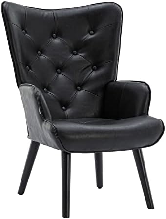 Dolonm PU Leather Accent Chair Modern Tufted Button Wingback Reading Chair with Arms Upholstered Tall Back Side Chair with Solid Wood Legs for Living Room Bedroom Waiting Room (Black)
