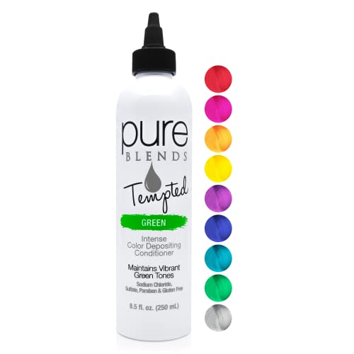 Pure Blends Tempted Green Intense Color Depositing Conditioner Brighten & Tone Color Faded Hair Semi Permanent Hair Dye Prevents Color Fade Extend Vibrant Color Tones To Dyed Hair 8.5 Oz.