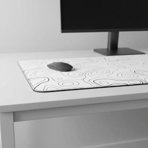 Image of White Abstract Contour Line Extended Desk Mat (305 x 813 mm) - 3mm Thick Premium Rubber Base Mouse Pad for Office, Gaming & Work Setup