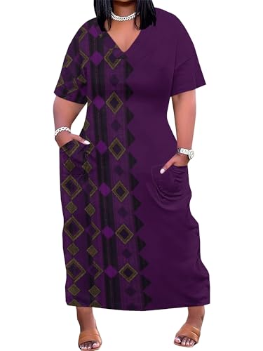 Image of Plus Size Maxi Dress for Women Short Sleeve V Neck Casual Loose Sundress with Pockets