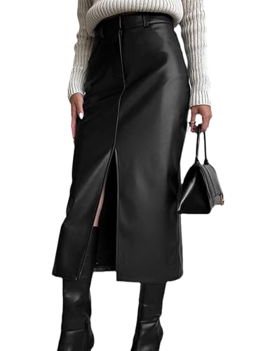 Women's High Waisted Faux Leather Skirt Sexy Bodycon Front Split Pencil Slim Fit Midi Long Skirts